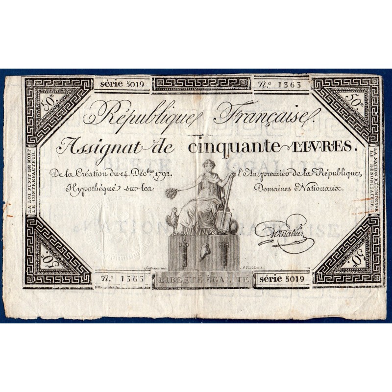 Assignat 50 livres 14.12.1792 TTB signature Boussalier mus 44