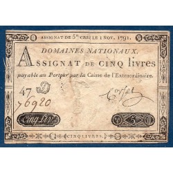 Assignat 5 livres 1.11.1791 TB signature Corsel mus 35