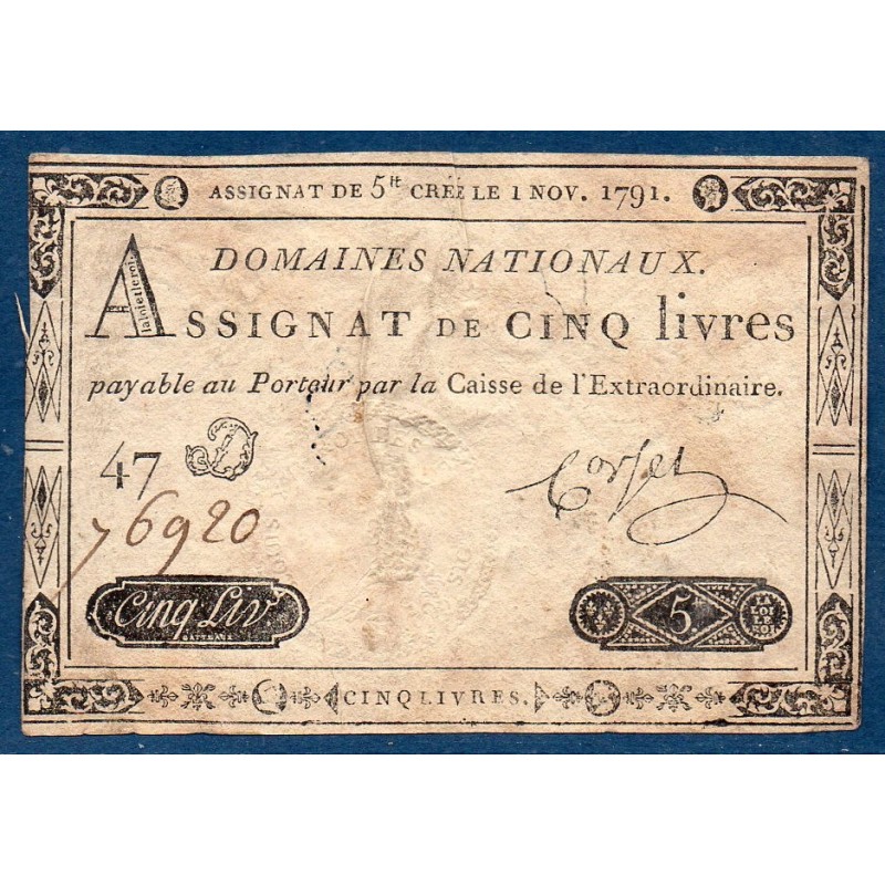 Assignat 5 livres 1.11.1791 TB signature Corsel mus 35