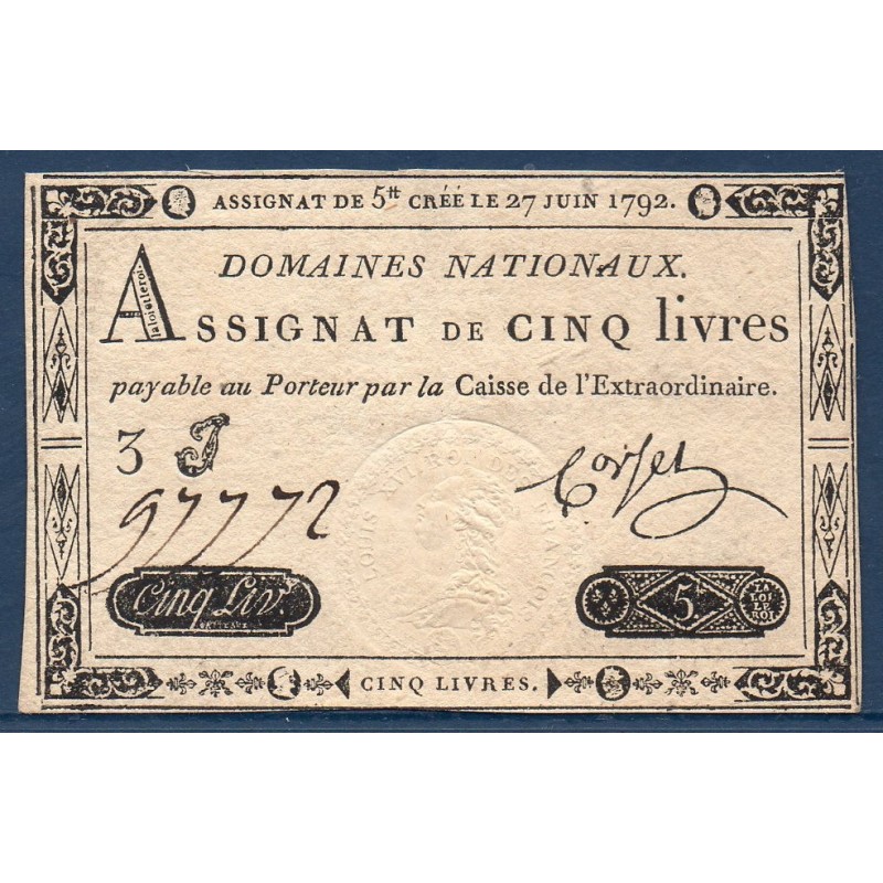 Assignat 5 livres 27.5.1792 Spl signature Corsel mus 37