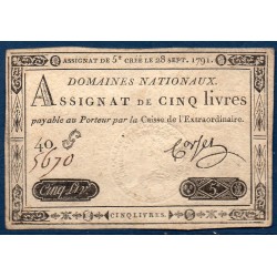 Assignat 5 livres 28.9.1791 TTB signature Corsel mus 34
