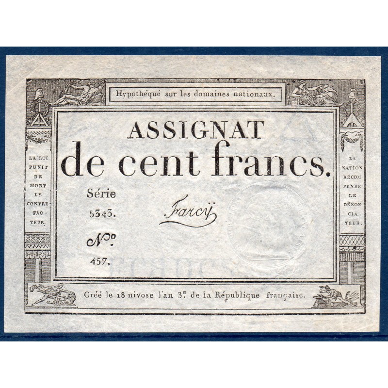 Assignat 100 francs 18 Nivose an 3 Sup signature Farcy Mus 49