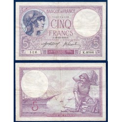 5 Francs Violet TB 16.10.1918 Billet de la banque de France