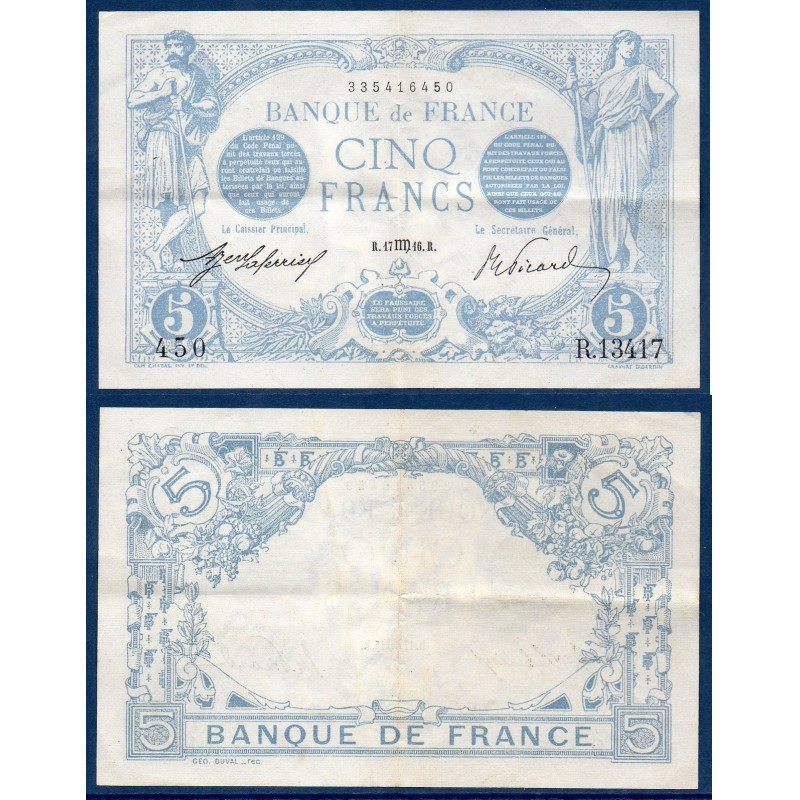 5 Francs Bleu TTB 17.8.1916 Billet de la banque de France