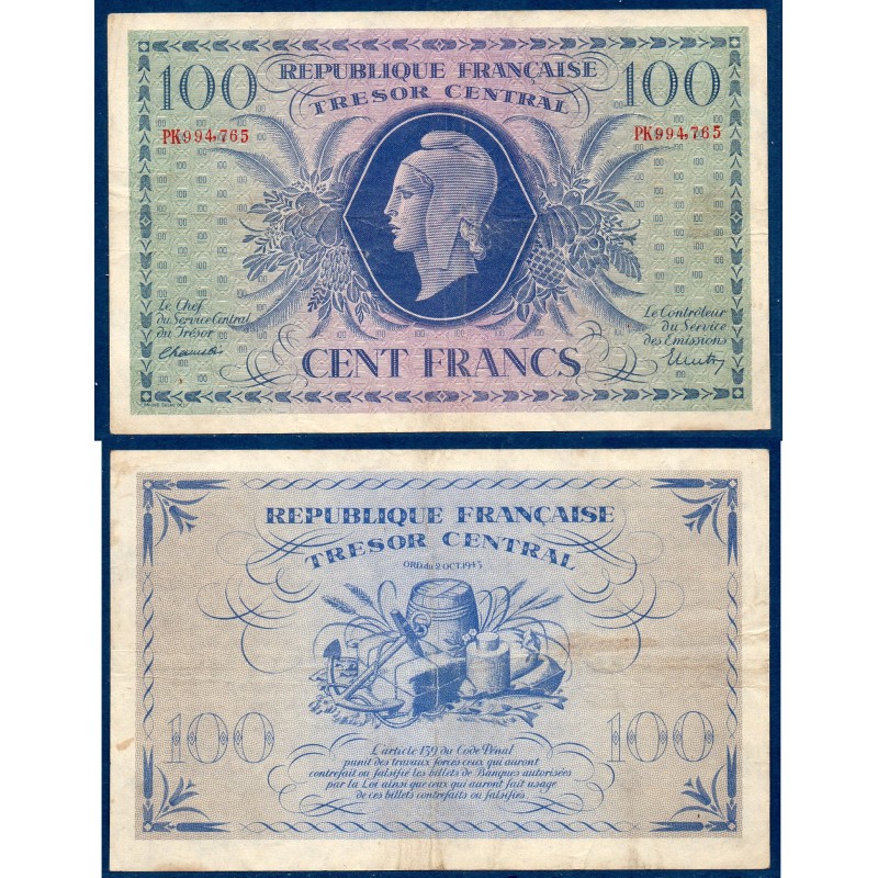 100 Francs Marianne TTB- 1943 série PK Billet du trésor Central