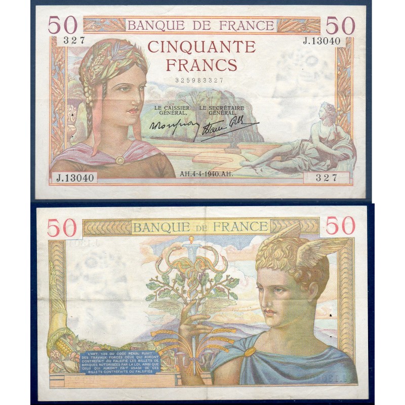 50 Francs Cérès TTB 4.4.1940 Billet de la banque de France