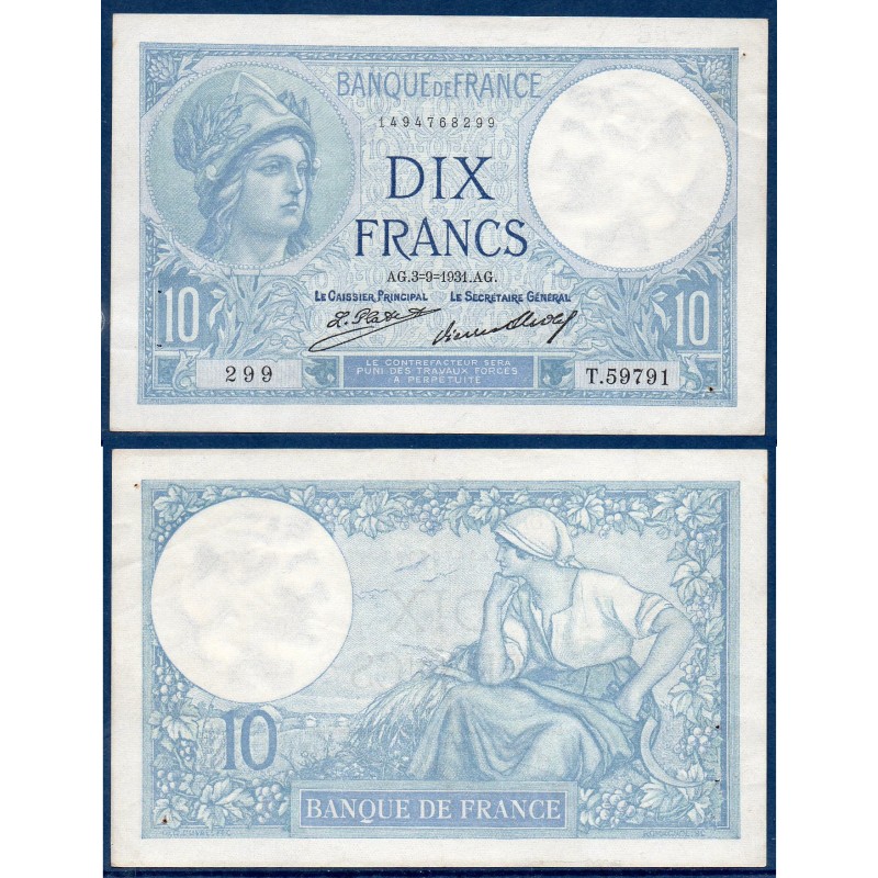 10 Francs Minerve Sup- 3.9.1931 Billet de la banque de France