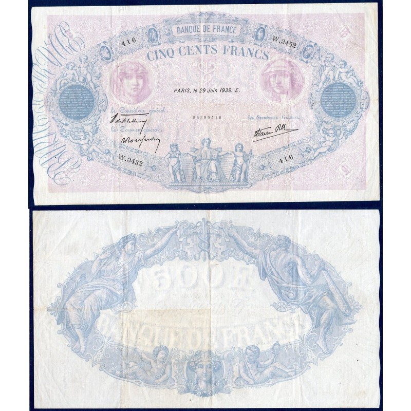 500 Francs Bleu et Rose TB+ 29.6.1939 Billet de la banque de France