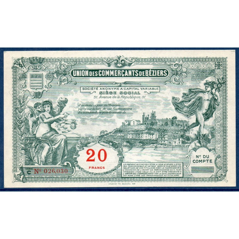 Union commercant ville Beziers 20 francs Spl ND Billet