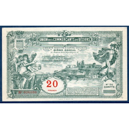 Union commercant ville Beziers 20 francs Spl ND Billet