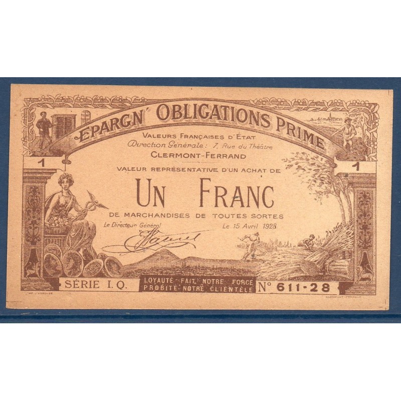 Clermont 1 franc Spl 10 avril 1928 Billet d'epargne obligation prime