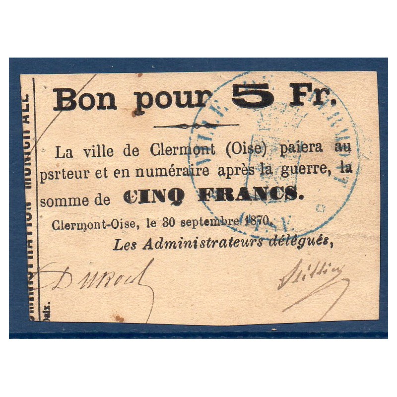 Clermont-oise 5 francs 1870 TTB Billet de guerre