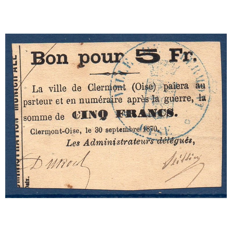 Clermont-oise 5 francs 1870 TTB Billet de guerre