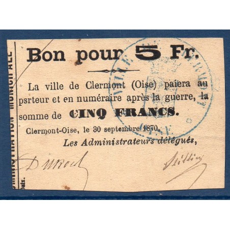 Clermont-oise 5 francs 1870 TTB Billet de guerre