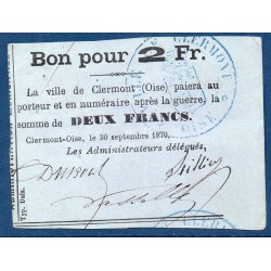 Clermont-oise 2 francs 1870 Sup Billet de guerre
