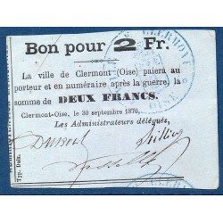 Clermont-oise 2 francs 1870 Sup Billet de guerre