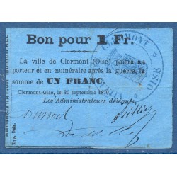 Clermont-oise 1 franc court 1870 TTB Billet de guerre