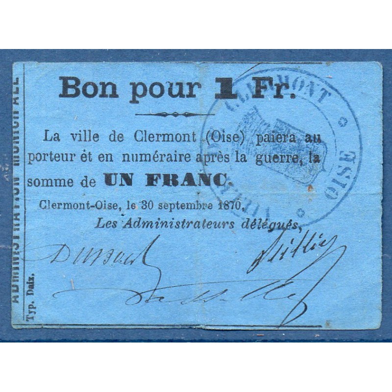 Clermont-oise 1 franc court 1870 TTB Billet de guerre