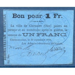 Clermont-oise 1 franc large 1870 TTB Billet de guerre