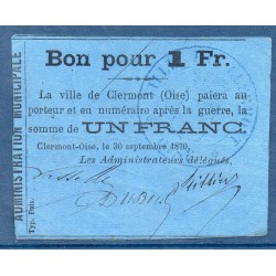 Clermont-oise 1 franc large 1870 TTB Billet de guerre