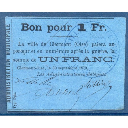 Clermont-oise 1 franc large 1870 TTB Billet de guerre