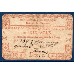 10 sols Cornon (Cournon d'Auvergne) 1792 TB Billet de confiance