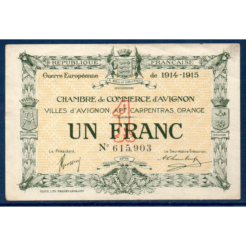 Avignon 1 franc TTB 11.8.1915 Pirot 18.5 Billet de la chambre de Commerce