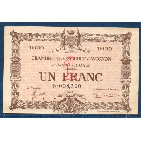Avignon 1 franc TTB 1920 Pirot 18.22 Billet de la chambre de Commerce