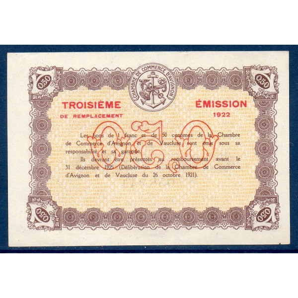 Avignon 50 centimes Spl 1922 Pirot 18.26 Billet de la chambre de Commerce