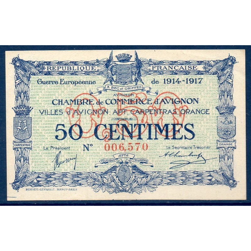 Avignon 50 centimes Spl 11.8.1915 Pirot 18.13 Billet de la chambre de Commerce