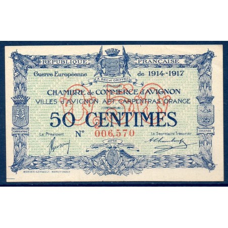 Avignon 50 centimes Spl 11.8.1915 Pirot 18.13 Billet de la chambre de Commerce