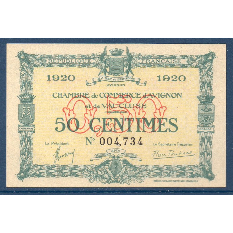 Avignon 50 centimes Spl 1920 Pirot 18.22 Billet de la chambre de Commerce