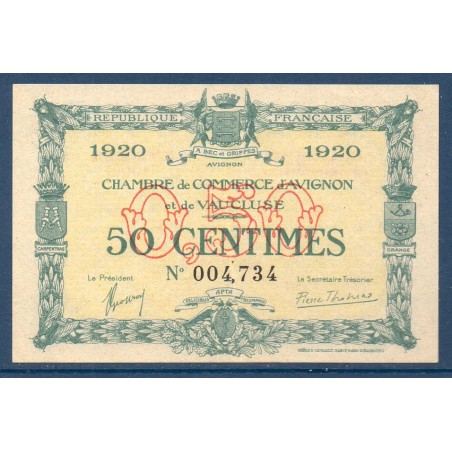 Avignon 50 centimes Spl 1920 Pirot 18.22 Billet de la chambre de Commerce