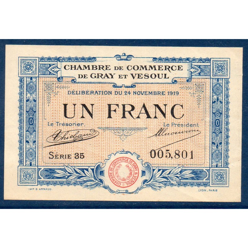 Gray Vesoul 1 franc TTB+ 24.11.1919 Pirot 62.13 Billet de la chambre de Commerce