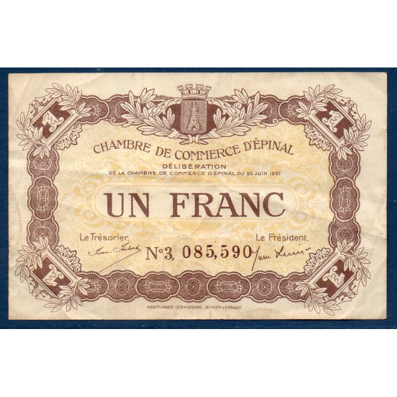 Epinal 1 franc TTB 26.6.1921 Pirot 56.14 Billet de la chambre de Commerce