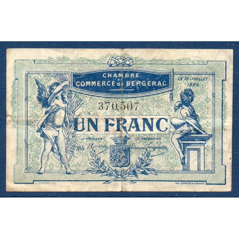 Bergerac 1 franc TB 12.7.1920 Pirot 24.37 Billet de la chambre de Commerce