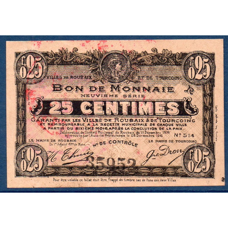 Bon de monnaie ville Roubaix Tourcoin 25 centimes TB 28.12.1916 pirot 59-2128 Billet