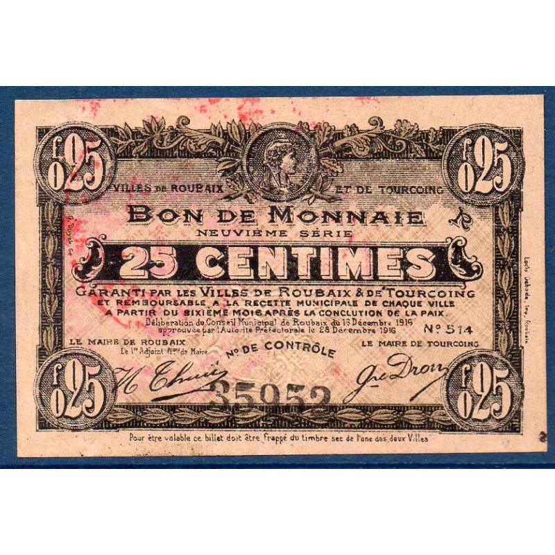 Bon de monnaie ville Roubaix Tourcoin 25 centimes TB 28.12.1916 pirot 59-2128 Billet