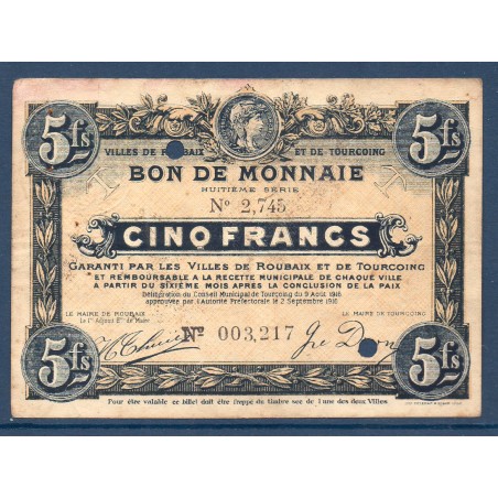 Bon de monnaie ville Roubaix Tourcoin 5 francs TB 2.9.1916 pirot 59-2121 Billet