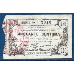 Bon régional Nord Aisne Oise (fourmies) 50 centimes TB 8.5.1916 pirot 5.1115  Billet