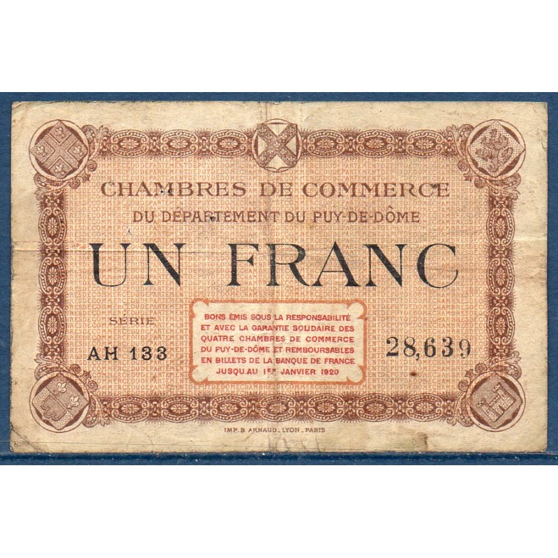 Puy de Dome 1 franc TB ND Pirot 103.8 Billet de la chambre de commerce