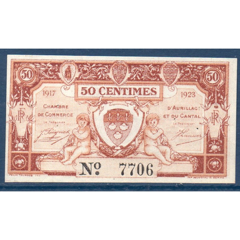 Aurillac 50 centimes Sup 1917-1923 Pirot 16.12 Billet de la chambre de Commerce