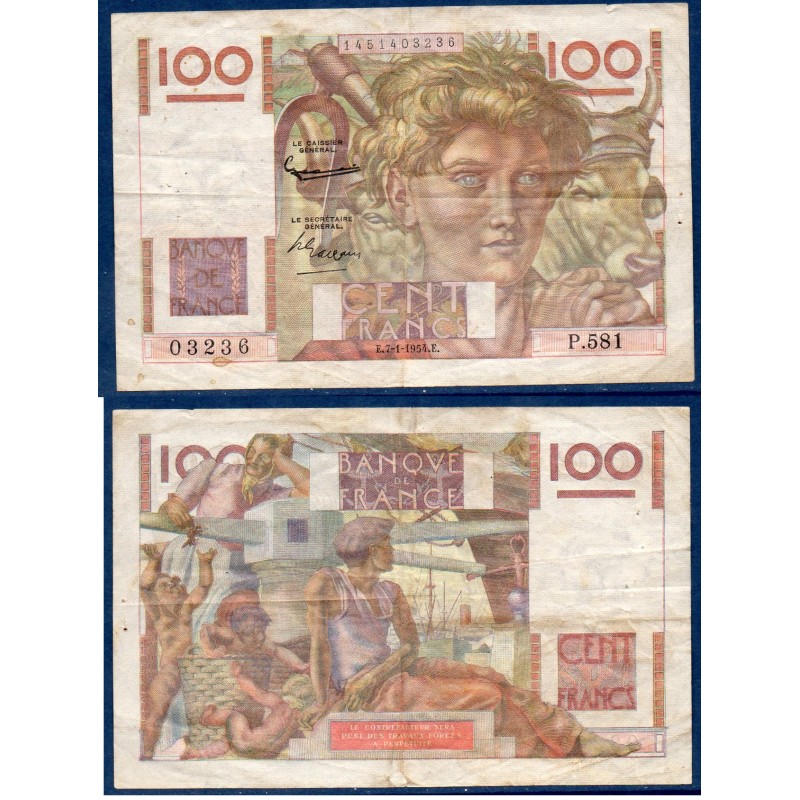 100 Francs Jeune Paysan TB 7.1.1954 Billet de la banque de France