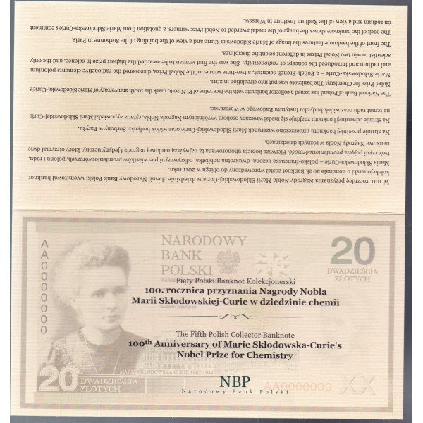 Pologne P.184A, Neuf folder, Billet de 20 Zlotych 2011 Médaille
