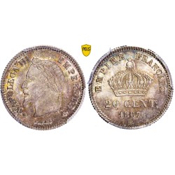 20 centimes Napoléon III tête laurée 1867 BB Strasbourg MS64 SPL+, France pièce de monnaie
