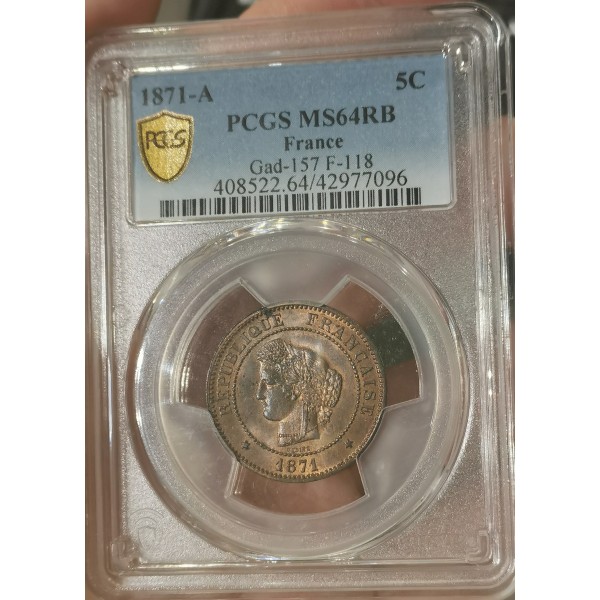 5 centimes Cérès 1871 A Paris PCGS ms64 Spl+, France pièce de monnaie