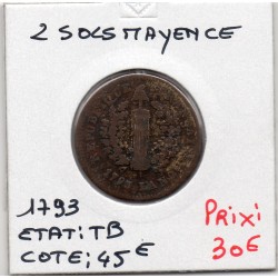 2 sols siège de Mayence 1793 TB 3 rameaux, France pièce de monnaie