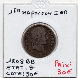 1 Franc Napoléon 1er 1808 BB Strasbourg Rouen B-, France pièce de monnaie