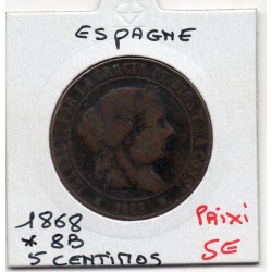 Espagne 5 centimos 1868 étoile 8 branches TB, KM 635.1 pièce de monnaie