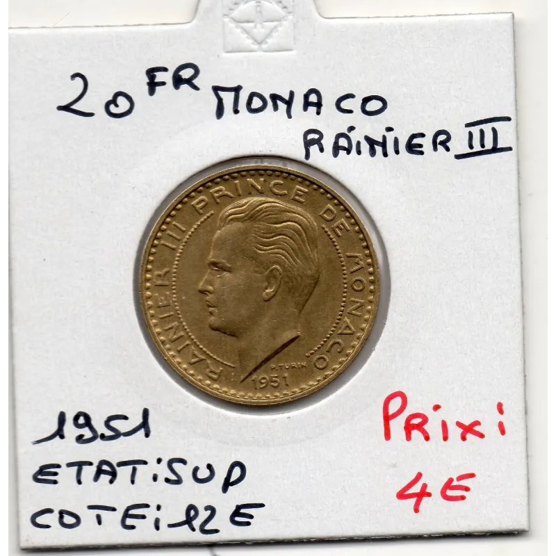 Monaco Rainier III 20 francs 1951 Sup, Gad 140 pièce de monnaie Monaco Rainier III 20 francs 1951 Sup, Gad 140 pièce de monnaie